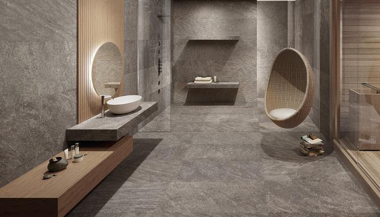 Oros Stone | Emilceramica Gres Porcelánico Ergon Oros Stone Piedra Baño Anthracite Fondo,anthracite Splitstone Imagen Galería | Emilceramica