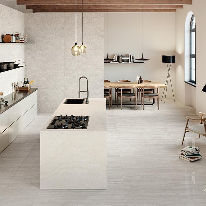 Porcelain stoneware tiles for open-plan kitchens